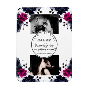 Magenta Pink Blue Inky Floral Watercolor Save Date Magnet