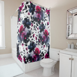 Magenta Pink & Blue Inky Floral Watercolor Shower Curtain