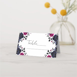 Magenta Pink & Blue Inky Floral Watercolor Table  Place Card