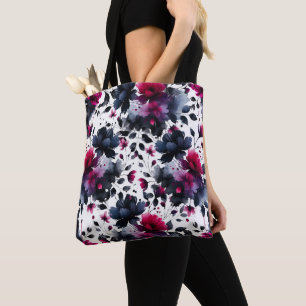 Magenta Pink & Blue Inky Floral Watercolor Wedding Tote Bag