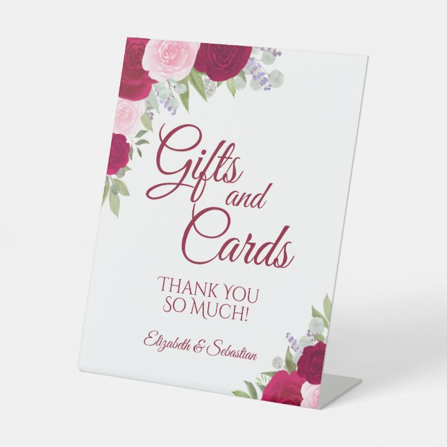 Magenta & Pink Boho Floral Gifts & Cards Wedding Pedestal Sign (Front)