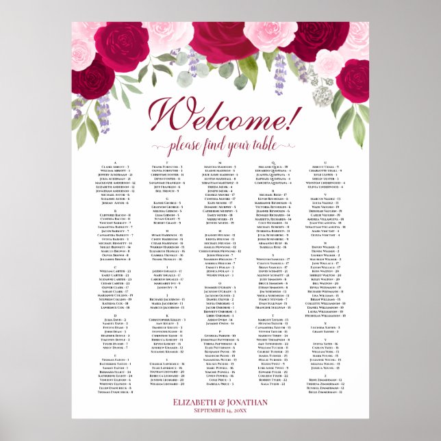 Magenta Pink Boho Roses Alphabetical Seating Chart (Front)