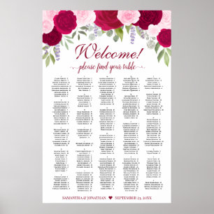 Magenta Pink Boho Roses Alphabetical Seating Chart