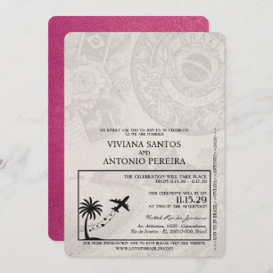 Magenta Pink Brazil Passport Wedding Invitation