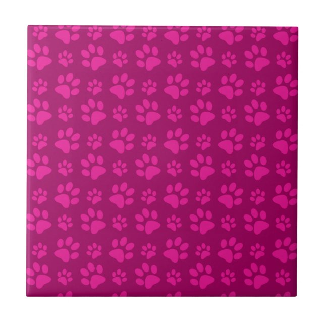 Magenta pink dog paw prints pattern ceramic tile (Front)