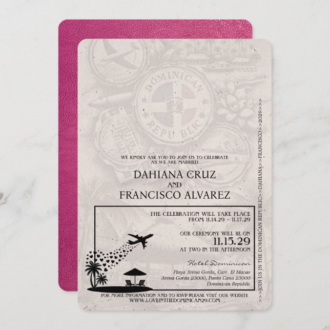 Magenta Pink Dominican Republic Passport Wedding Invitation (Front/Back)
