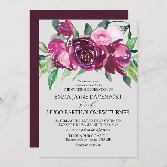 Magenta & pink floral dove grey Wedding Invitation (Front/Back)