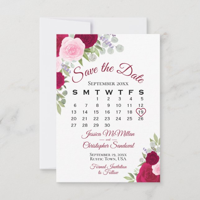 Magenta Pink Floral Elegant Boho Wedding Calendar Save The Date (Front)