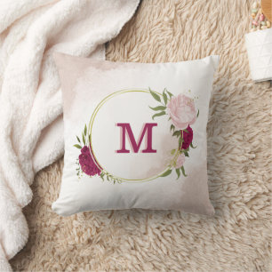 magenta pink floral greenery cushion