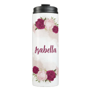 magenta pink floral greenery thermal tumbler