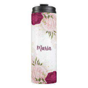 magenta pink floral greenery thermal tumbler