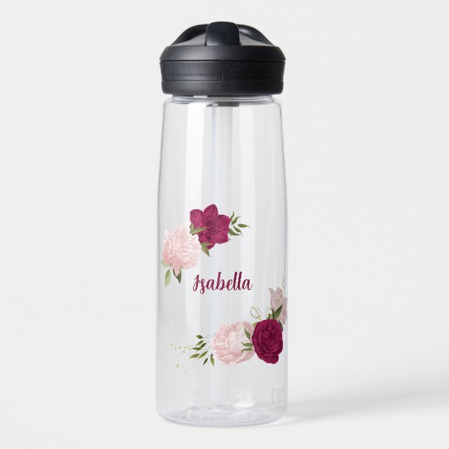 magenta pink floral greenery water bottle (Front)