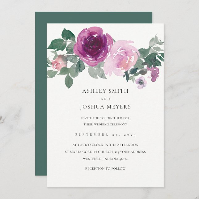 Magenta Pink Floral Pearl White Leaf Green Wedding Invitation (Front/Back)