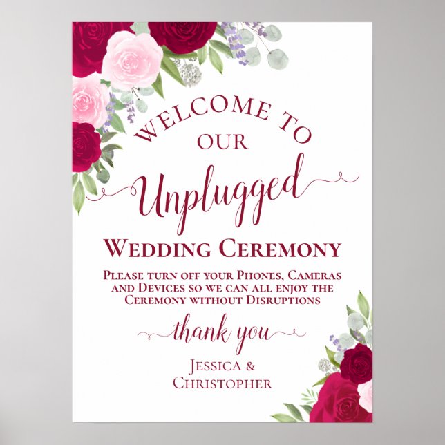 Magenta & Pink Floral Unplugged Wedding Ceremony Poster (Front)
