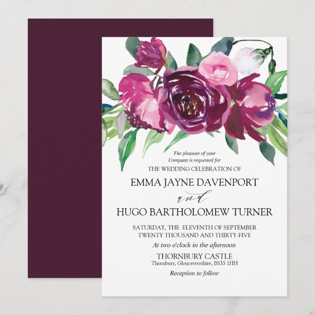 Magenta & pink floral Wedding Invitation (Front/Back)