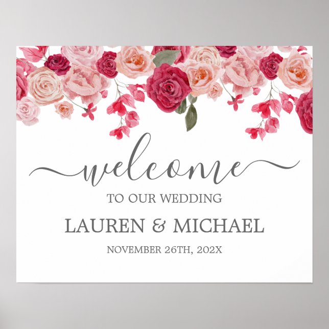 Magenta Pink Floral Wedding Welcome sign (Front)