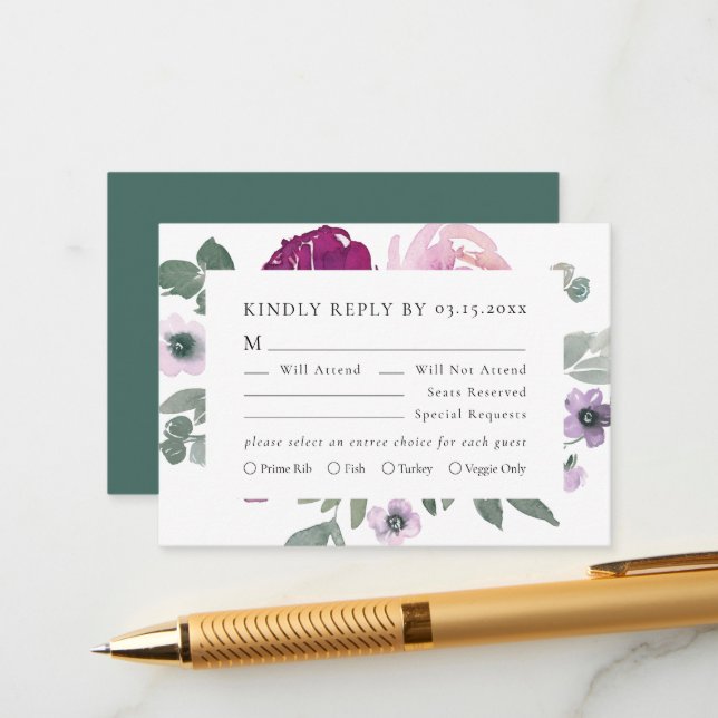 Magenta Pink Floral White RSVP Enclosure Card (Front/Back In Situ)