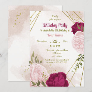 magenta pink flowers green leaves birthday invitation