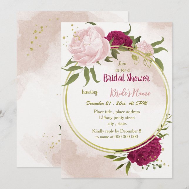 magenta pink flowers green leaves bridal shower invitation (Front/Back)