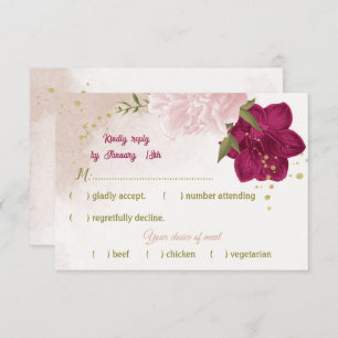 magenta pink flowers green leaves RSVP card