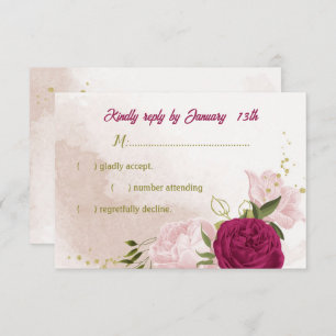magenta pink flowers green leaves RSVP card