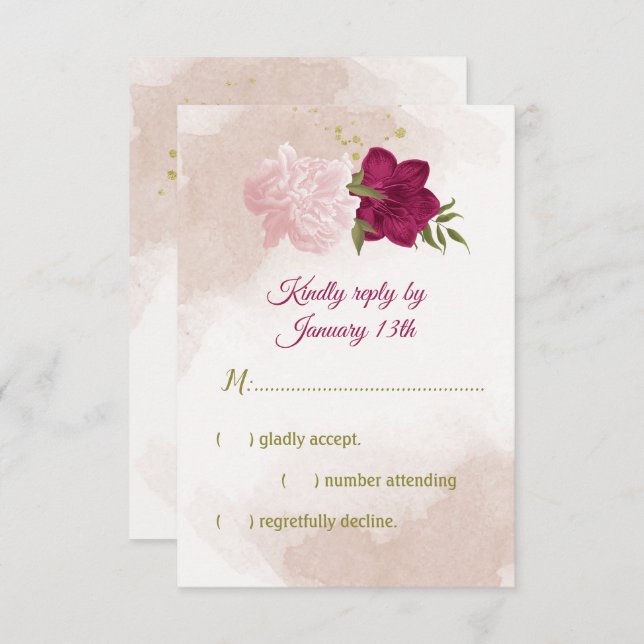 magenta pink flowers green leaves RSVP card (Front/Back)
