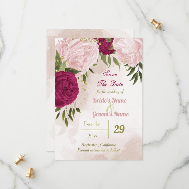 magenta pink flowers green leaves save the date (Front/Back In Situ)