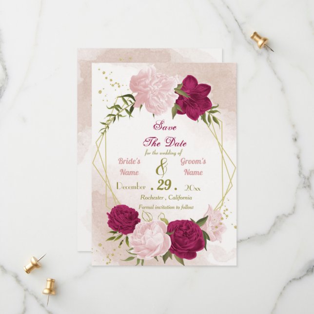 magenta pink flowers green leaves save the date (Front/Back In Situ)