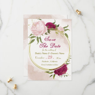 magenta pink flowers green leaves save the date
