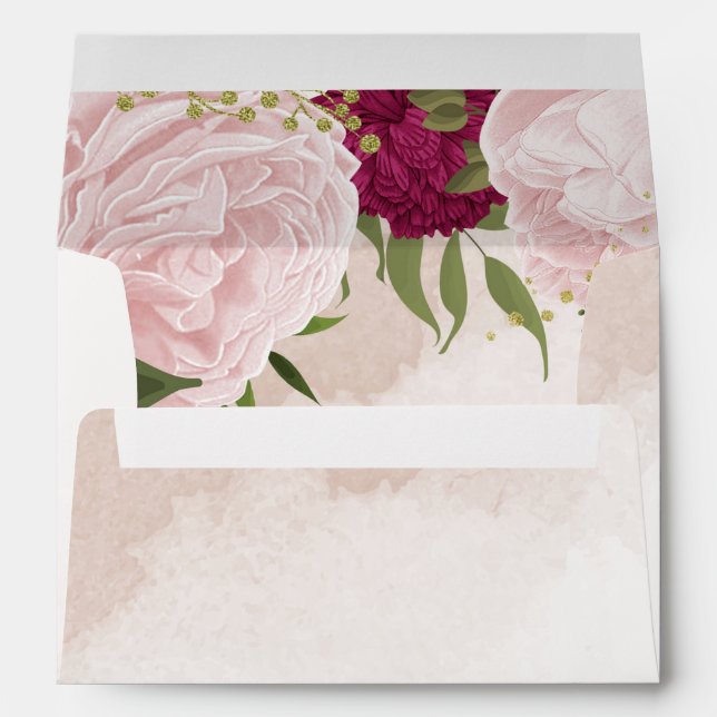 magenta pink flowers green leaves wedding envelope (Back (Bottom))