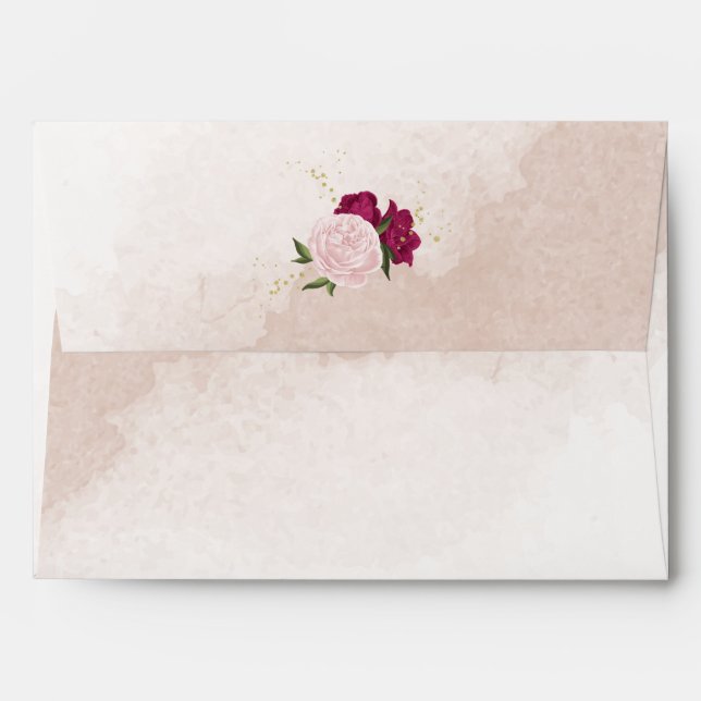 magenta pink flowers green leaves wedding envelope (Back (Top Flap))