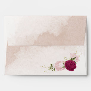 magenta pink flowers green leaves wedding envelope