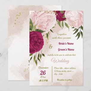 magenta pink flowers green leaves wedding invitation