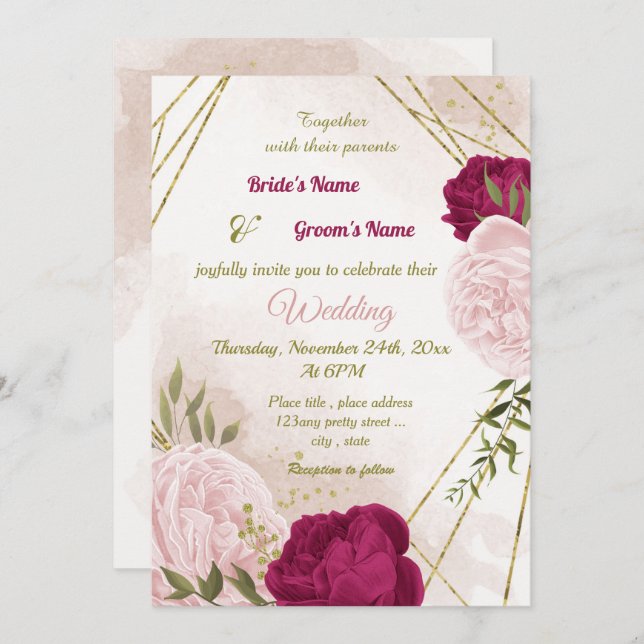 magenta pink flowers green leaves wedding invitation (Front/Back)