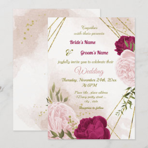 magenta pink flowers green leaves wedding invitation