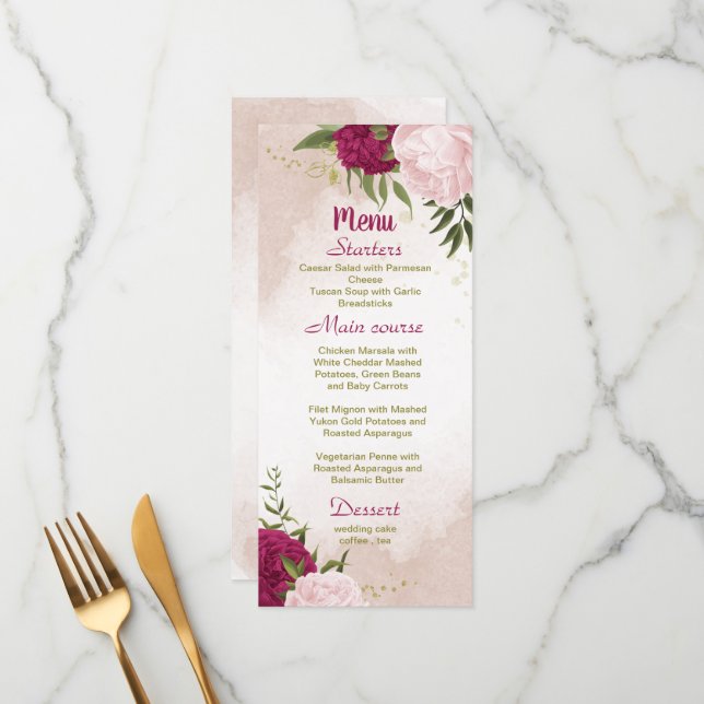magenta pink flowers green leaves wedding menu (Front/Back In Situ)