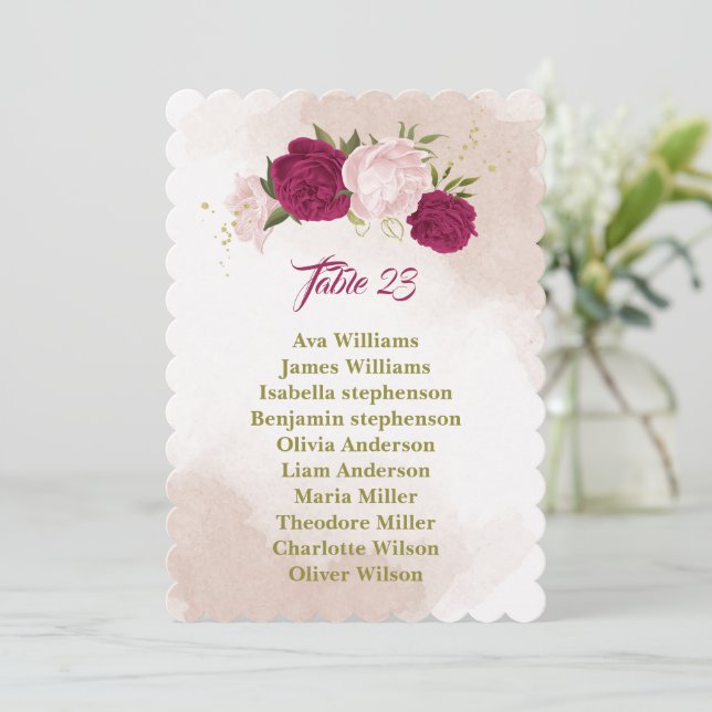 magenta pink flowers greenery seating chart card (Standing Front)