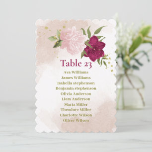 magenta pink flowers greenery seating chart card