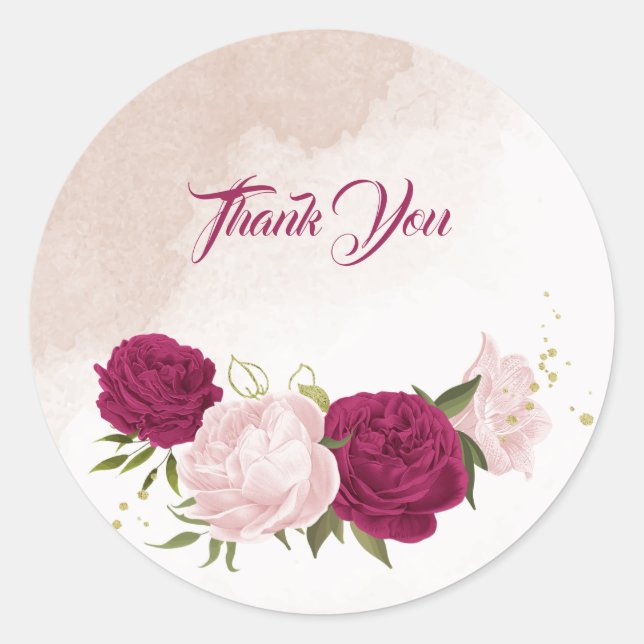 magenta pink flowers greenery wedding classic round sticker (Front)