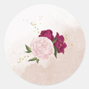 magenta pink flowers greenery wedding classic round sticker