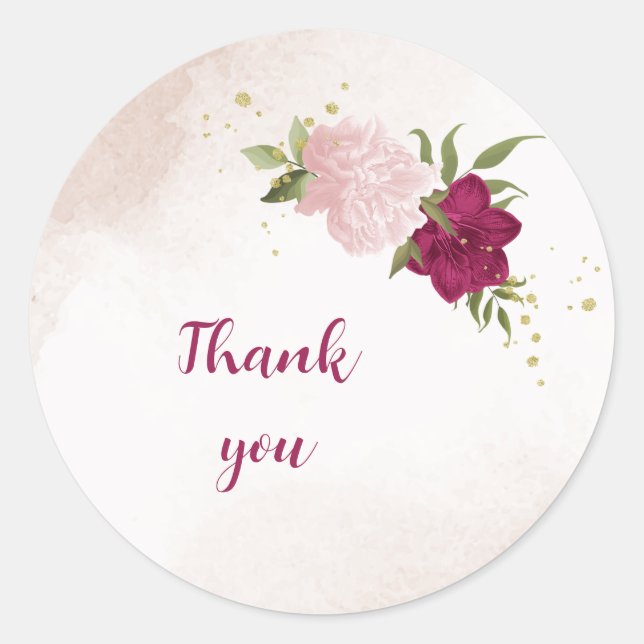 magenta pink flowers greenery wedding classic round sticker (Front)
