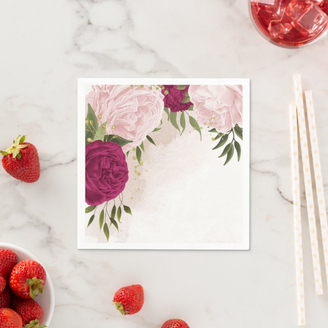 magenta pink flowers greenery wedding napkin (Insitu)