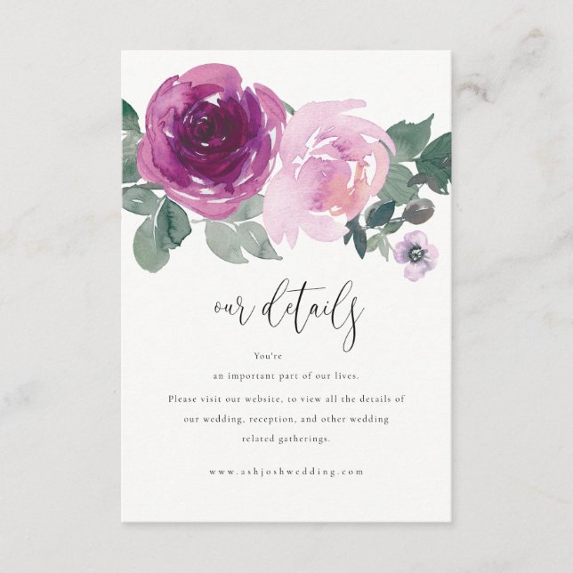 Magenta Pink Garden Floral Wedding Details Ivory Enclosure Card (Front)