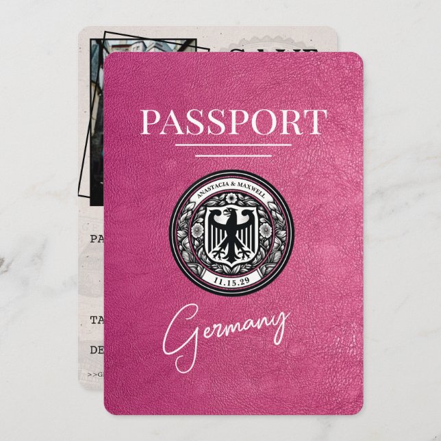 Magenta Pink Germany Passport Save The Date (Front/Back)