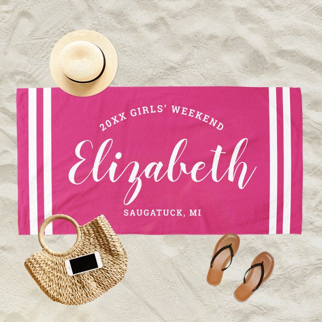 Magenta Pink Girls Weekend Personalised Name Beach Towel (Creator Uploaded)