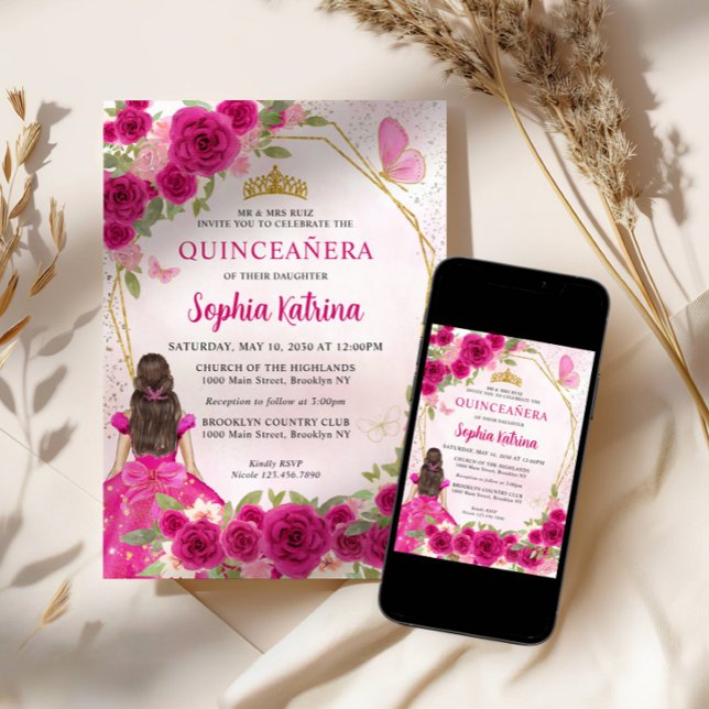 Magenta Pink Glam Gold Floral Princess Quinceañera Invitation (Creator Uploaded)