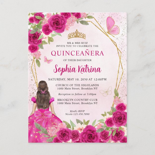 Magenta Pink Glam Gold Floral Princess Quinceañera Invitation Postcard (Front)