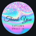 Magenta Pink Glitter Iridescent Sweet 16 Thank You Classic Round Sticker<br><div class="desc">Create your own Sweet 16 birthday party favour thank you stickers. Girly faux sparkly magenta pink glitter over a faux blue, aqua, pink, magenta and green iridescent rainbow digital art background. Customise the font styles to create your own favour sticker design for her special celebration. A classic elegant calligraphy paired...</div>