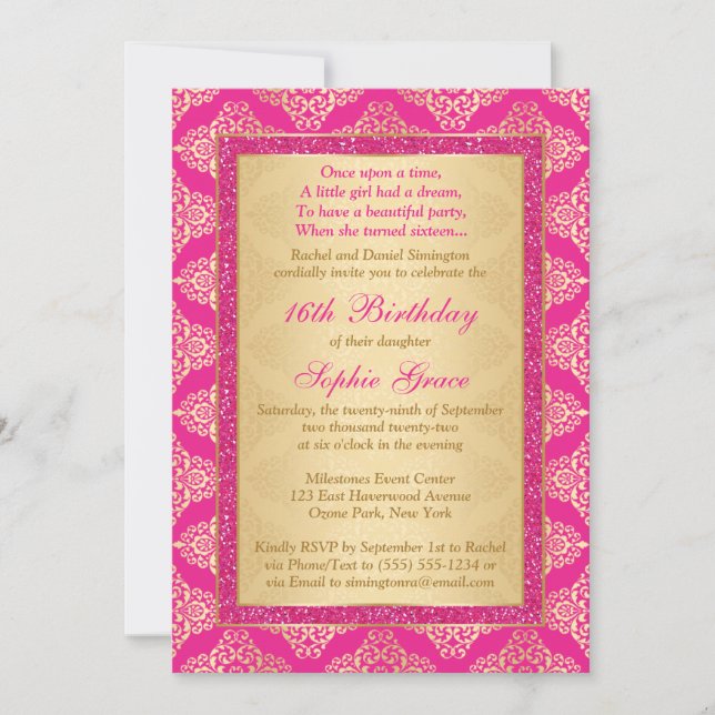 Magenta Pink, Gold Damask 16th Birthday Invitation (Front)