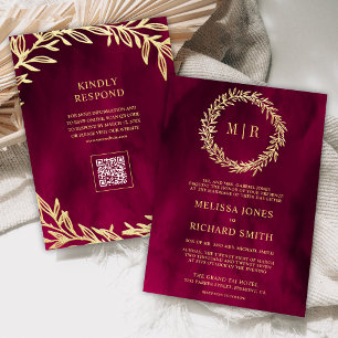 Magenta Pink Gold Leaf Branch QR Code Wedding Invitation
